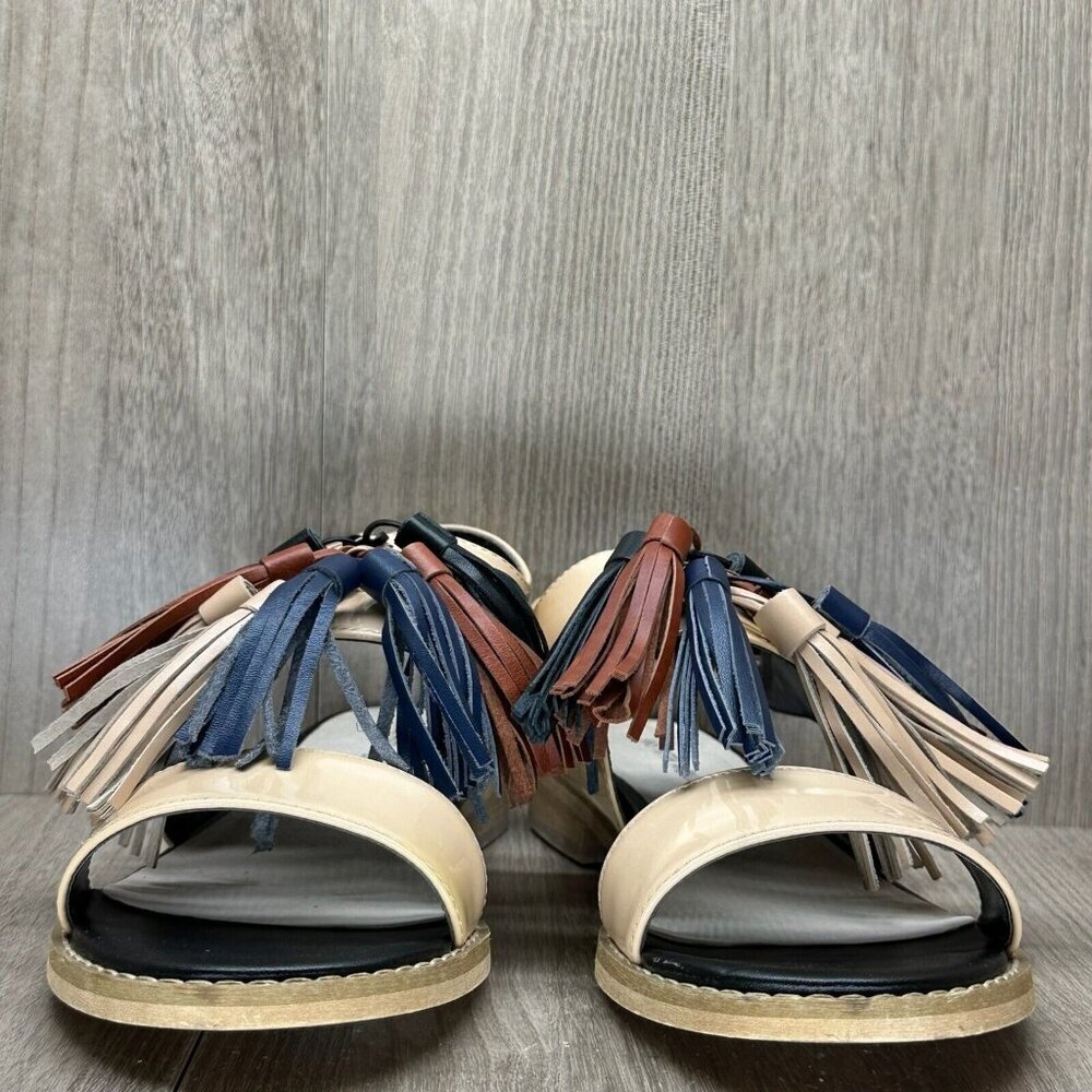 Saks Fifth Avenue Patent Sandals Women Size 8.5 Beige Maria Tasseled Sling Back - Picture 5 of 12